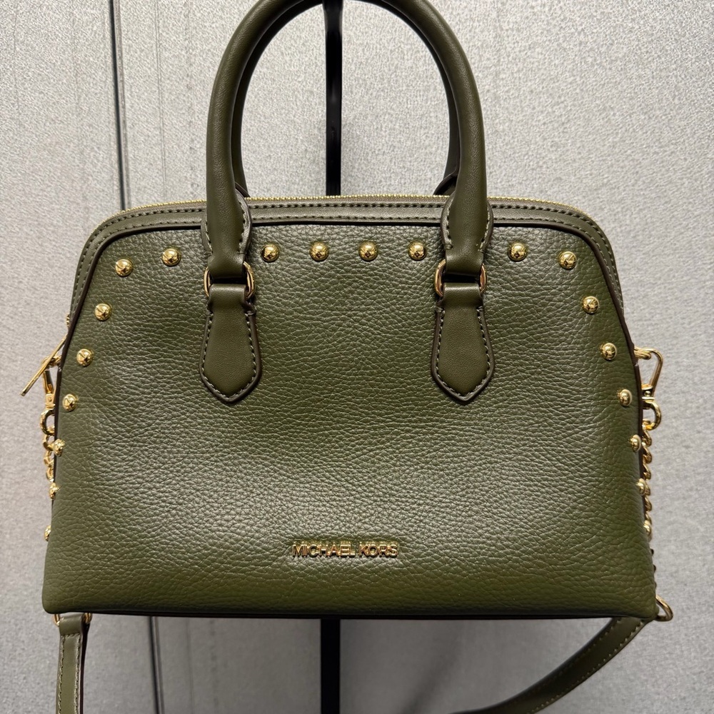 Michael Kors Olive Green Studded Satchel Crossbody Bag